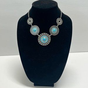Fashion Jewelry Necklace, Turquoise and Silver Color Disc, Western, 16 1/2"